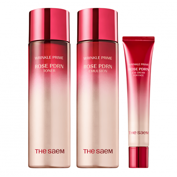 The Saem Антивозрастной набор для упругости лица с PDRN розы Wrinkle Prime Rose PDRN Skin Care 2 Set (2*150 мл + 40 мл)